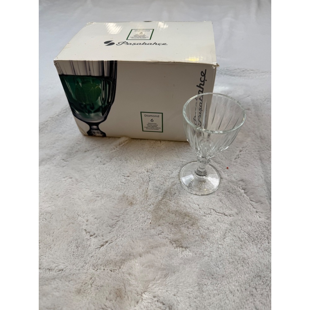 Pasabahce Diamond Stemware Set of 6 Clear Ribbed Glass Goblets 4 Inch Wine Water